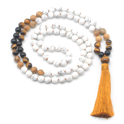 GMN363 Hand-Knotted Matte White Howlite & Mixed Gemstone 108 Beads Mala Necklace