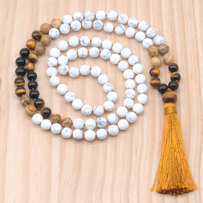 GMN363 Hand-Knotted Matte White Howlite & Mixed Gemstone 108 Beads Mala Necklace