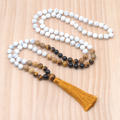 GMN363 Hand-Knotted Matte White Howlite & Mixed Gemstone 108 Beads Mala Necklace