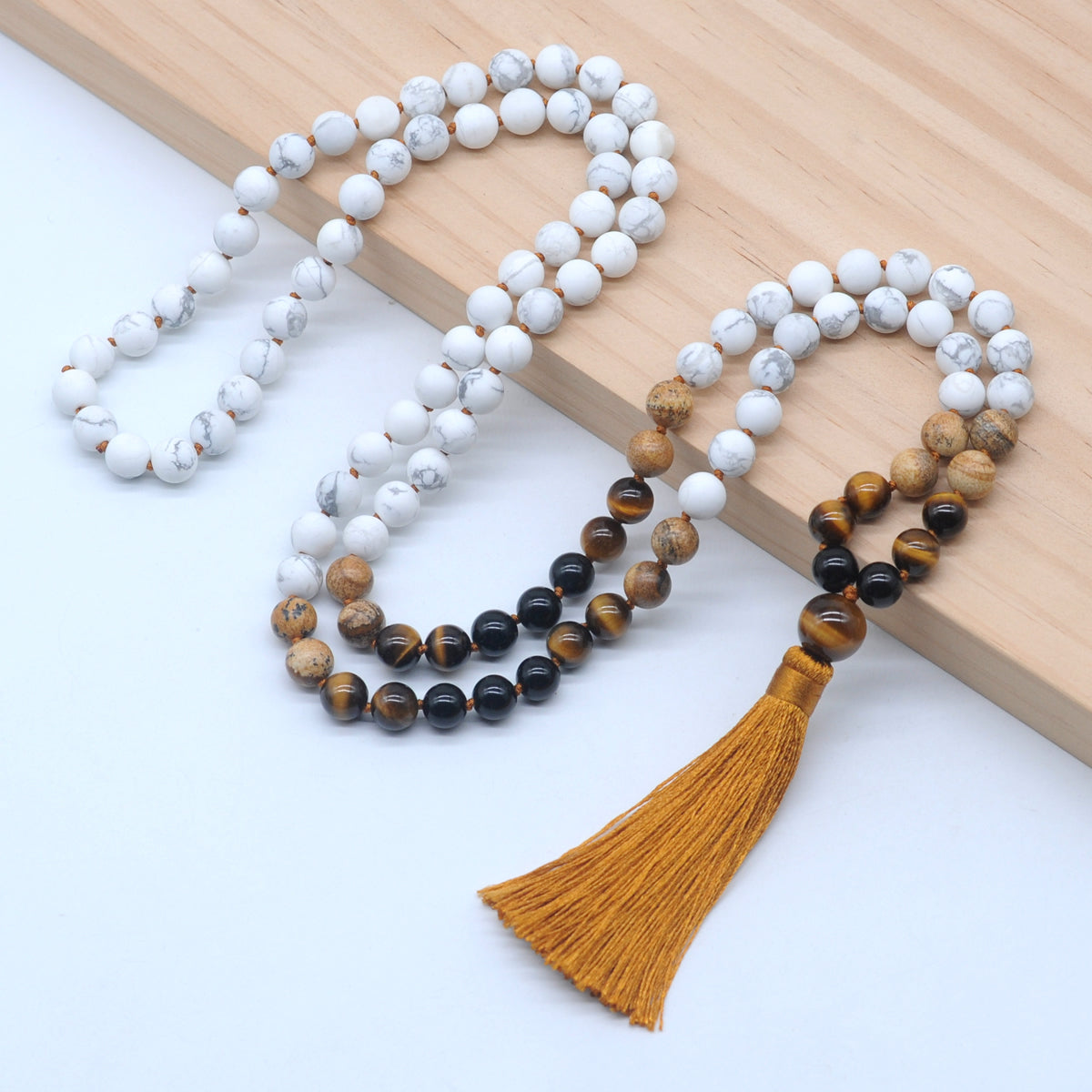 GMN363 Hand-Knotted Matte White Howlite & Mixed Gemstone 108 Beads Mala Necklace