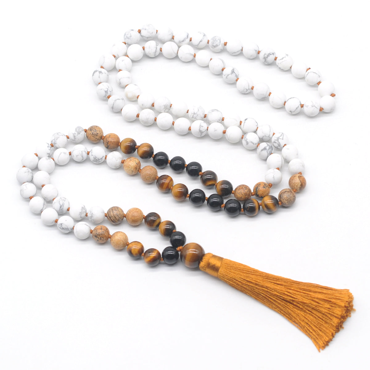 GMN363 Hand-Knotted Matte White Howlite & Mixed Gemstone 108 Beads Mala Necklace