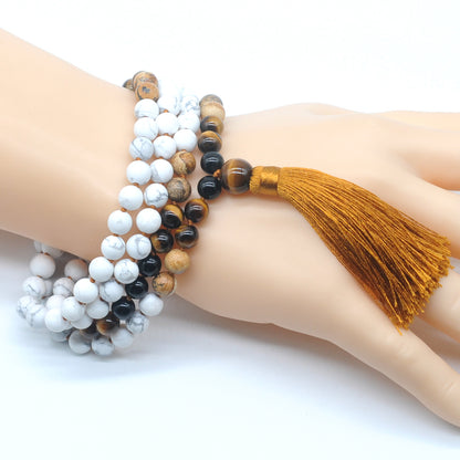 GMN363 Hand-Knotted Matte White Howlite & Mixed Gemstone 108 Beads Mala Necklace