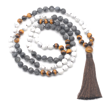 GMN364 Hand-Knotted Matte White Howlite, Black Labradorite & Yellow Tiger Eye 108 Beads Mala Necklace