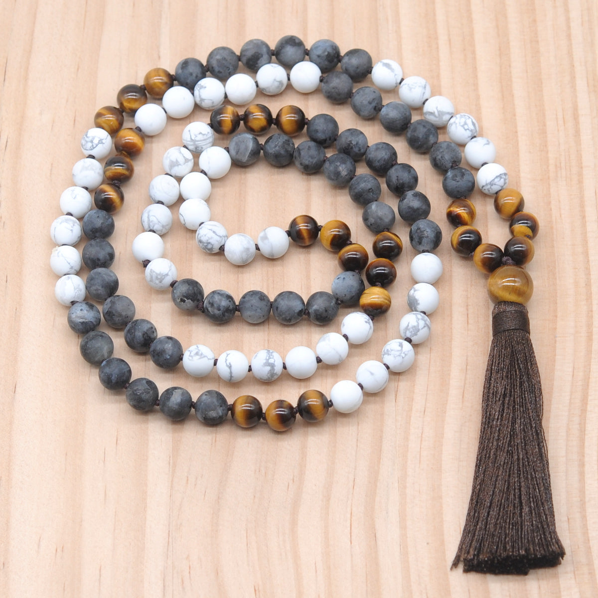 GMN364 Hand-Knotted Matte White Howlite, Black Labradorite & Yellow Tiger Eye 108 Beads Mala Necklace