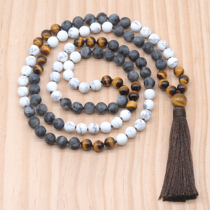 GMN364 Hand-Knotted Matte White Howlite, Black Labradorite & Yellow Tiger Eye 108 Beads Mala Necklace