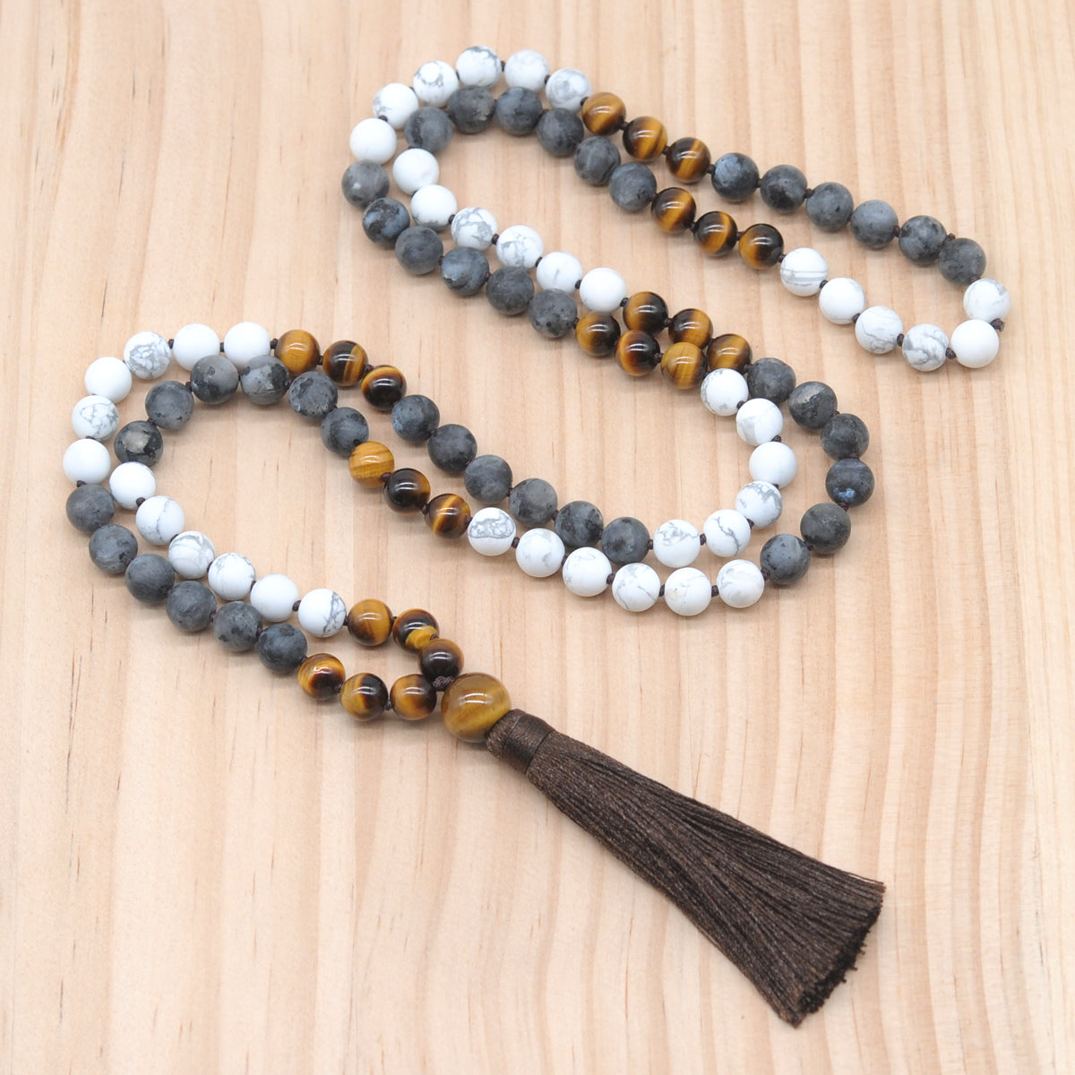 GMN364 Hand-Knotted Matte White Howlite, Black Labradorite & Yellow Tiger Eye 108 Beads Mala Necklace