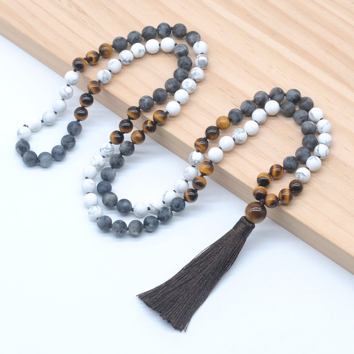 GMN364 Hand-Knotted Matte White Howlite, Black Labradorite & Yellow Tiger Eye 108 Beads Mala Necklace