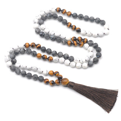 GMN364 Hand-Knotted Matte White Howlite, Black Labradorite & Yellow Tiger Eye 108 Beads Mala Necklace