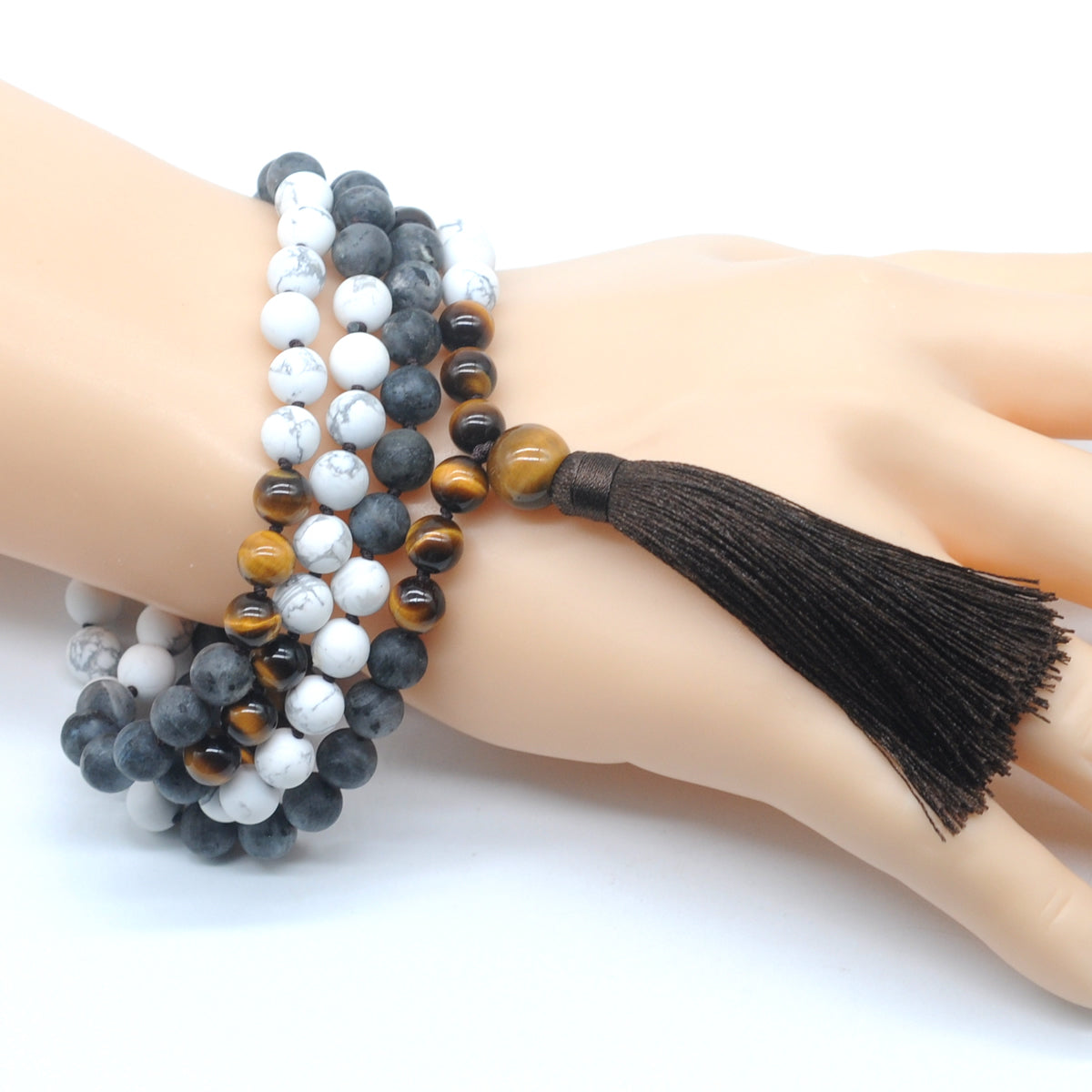 GMN364 Hand-Knotted Matte White Howlite, Black Labradorite & Yellow Tiger Eye 108 Beads Mala Necklace