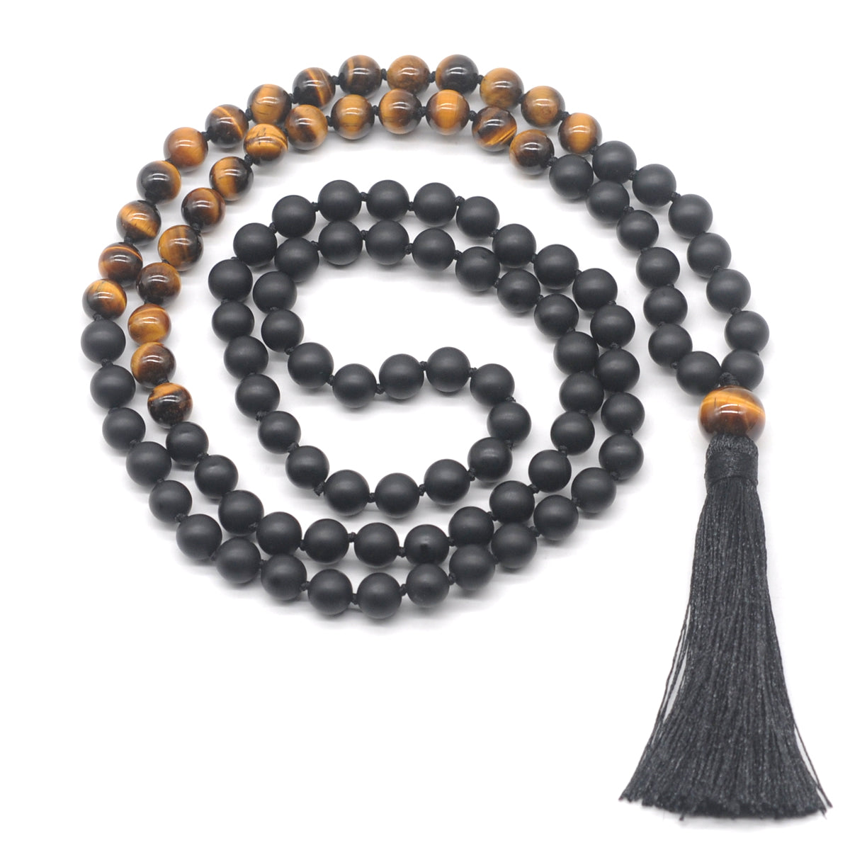 GMN365 Hand-Knotted Matte Black Agate & Yellow Tiger Eye 108 Beads Mala Necklace