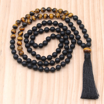 GMN365 Hand-Knotted Matte Black Agate & Yellow Tiger Eye 108 Beads Mala Necklace