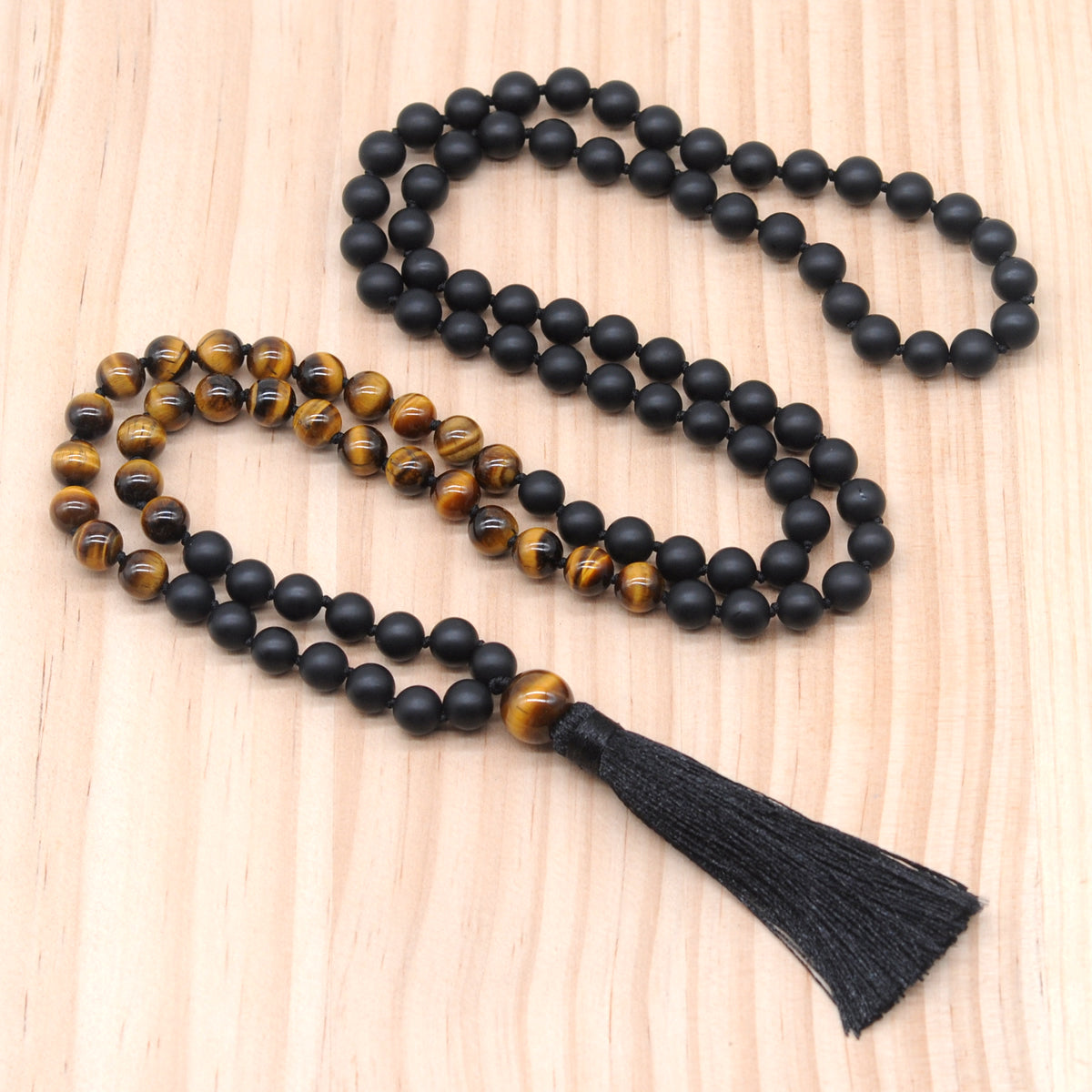 GMN365 Hand-Knotted Matte Black Agate & Yellow Tiger Eye 108 Beads Mala Necklace