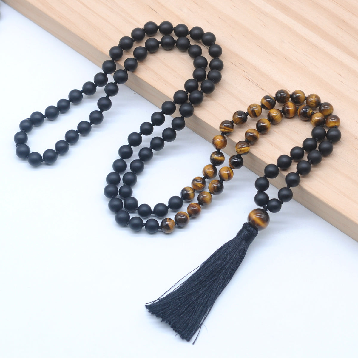 GMN365 Hand-Knotted Matte Black Agate & Yellow Tiger Eye 108 Beads Mala Necklace