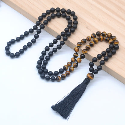 GMN365 Hand-Knotted Matte Black Agate & Yellow Tiger Eye 108 Beads Mala Necklace