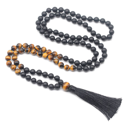 GMN365 Hand-Knotted Matte Black Agate & Yellow Tiger Eye 108 Beads Mala Necklace