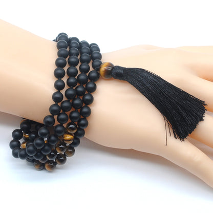 GMN365 Hand-Knotted Matte Black Agate & Yellow Tiger Eye 108 Beads Mala Necklace