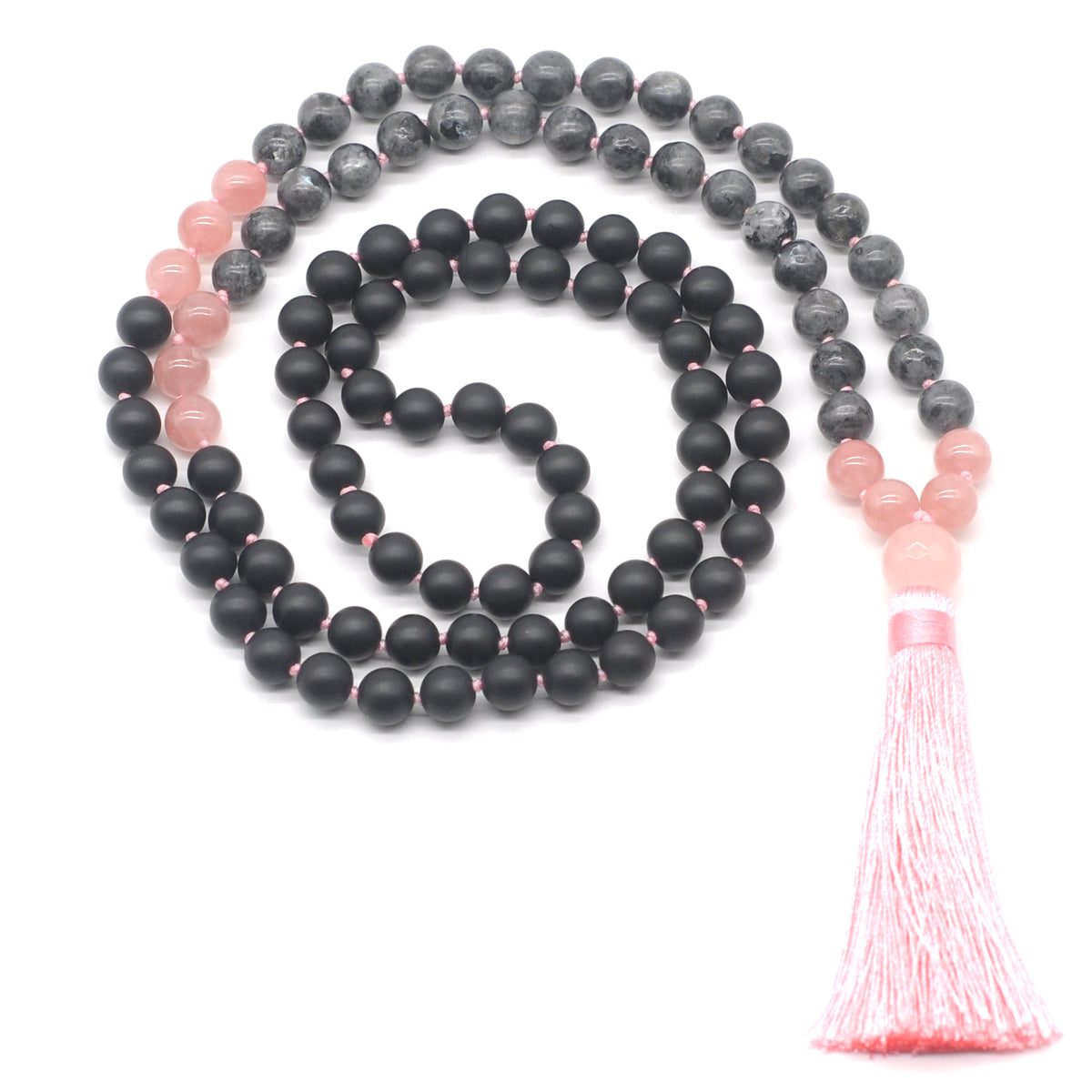 GMN366 Hand-Knotted matte black agate, black labradorite & rose quartz 108 Beads Mala Necklace