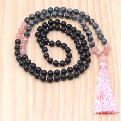 GMN366 Hand-Knotted matte black agate, black labradorite & rose quartz 108 Beads Mala Necklace