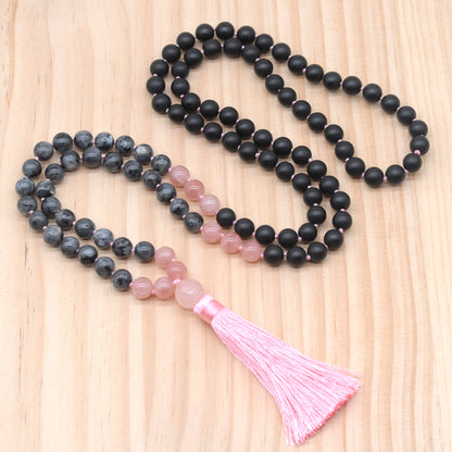 GMN366 Hand-Knotted matte black agate, black labradorite & rose quartz 108 Beads Mala Necklace