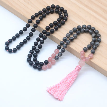 GMN366 Hand-Knotted matte black agate, black labradorite & rose quartz 108 Beads Mala Necklace