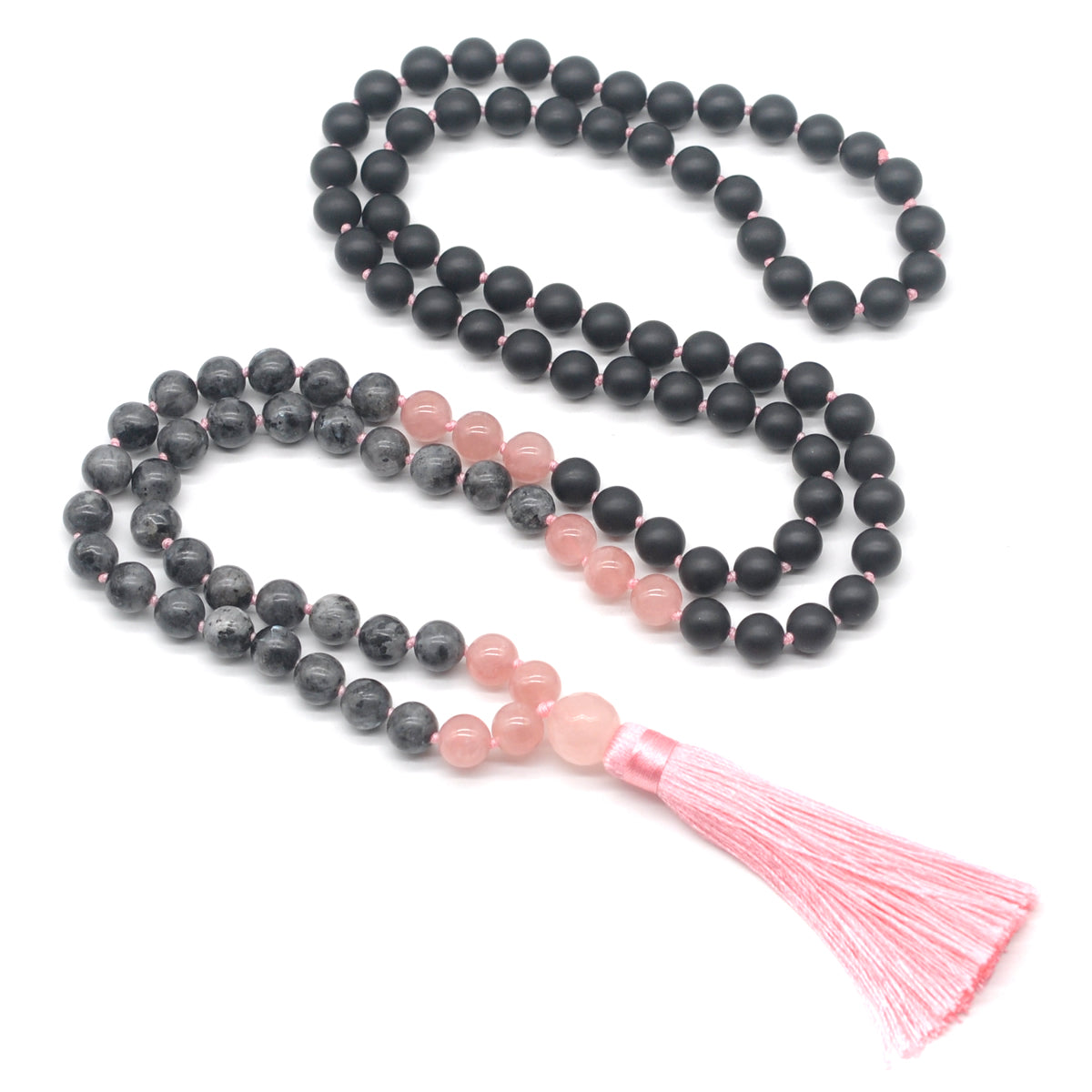 GMN366 Hand-Knotted matte black agate, black labradorite & rose quartz 108 Beads Mala Necklace