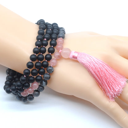 GMN366 Hand-Knotted matte black agate, black labradorite & rose quartz 108 Beads Mala Necklace