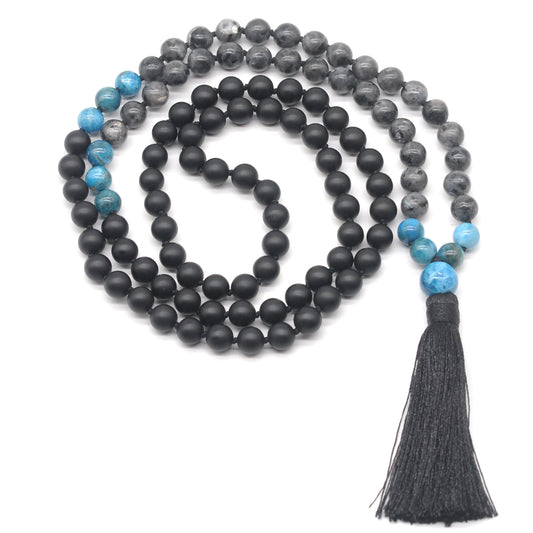 GMN367 Hand-Knotted Matte Black Agate, Black Labradorite & Apatite 108 Beads Mala Necklace