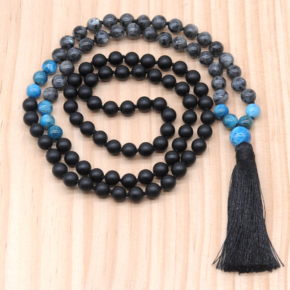 GMN367 Hand-Knotted Matte Black Agate, Black Labradorite & Apatite 108 Beads Mala Necklace