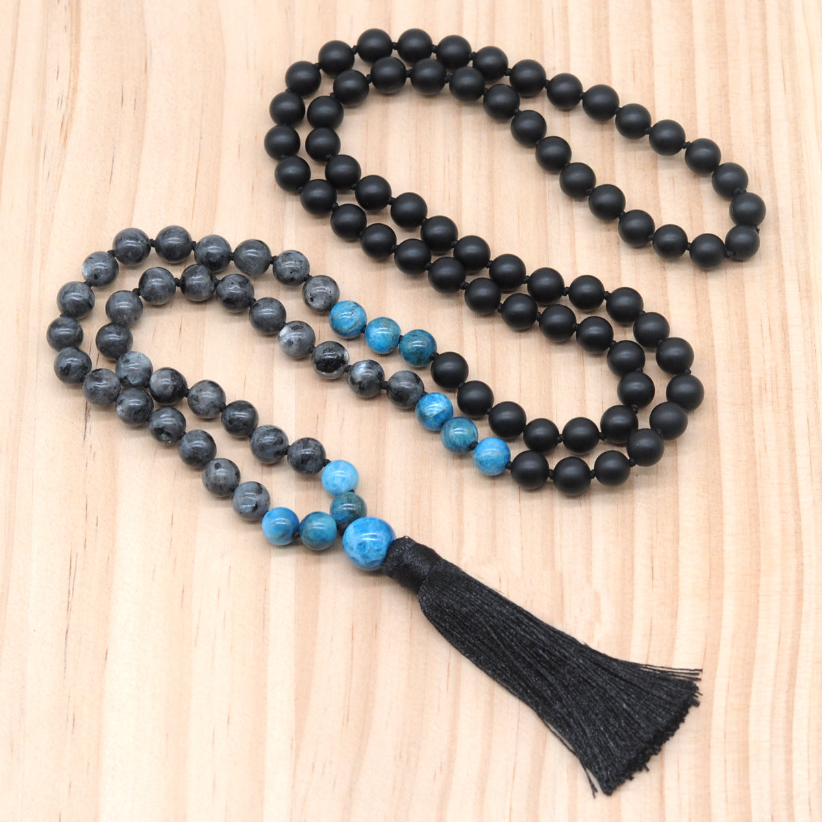 GMN367 Hand-Knotted Matte Black Agate, Black Labradorite & Apatite 108 Beads Mala Necklace