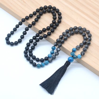 GMN367 Hand-Knotted Matte Black Agate, Black Labradorite & Apatite 108 Beads Mala Necklace