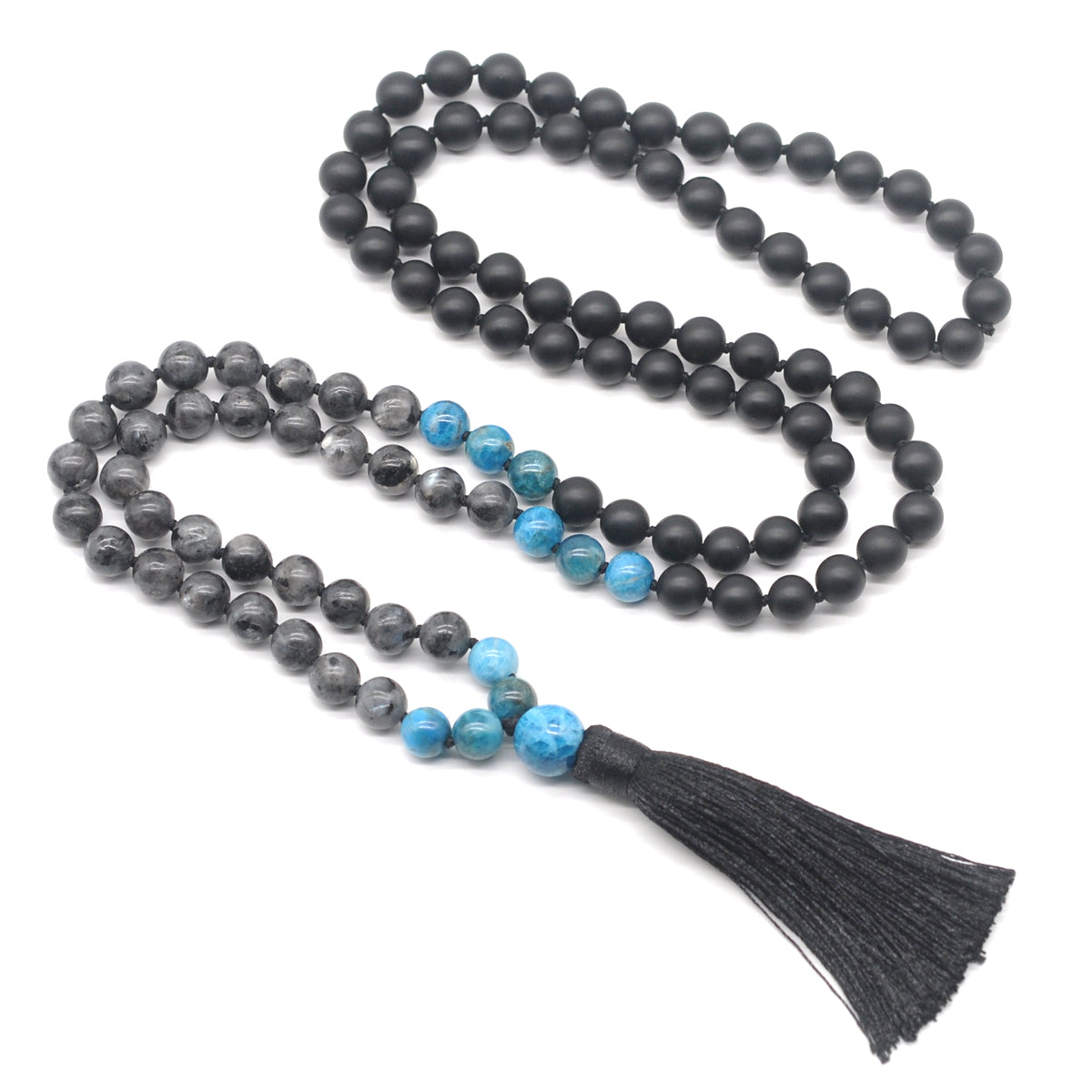 GMN367 Hand-Knotted Matte Black Agate, Black Labradorite & Apatite 108 Beads Mala Necklace