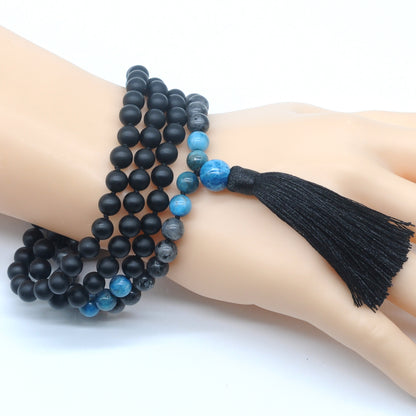 GMN367 Hand-Knotted Matte Black Agate, Black Labradorite & Apatite 108 Beads Mala Necklace