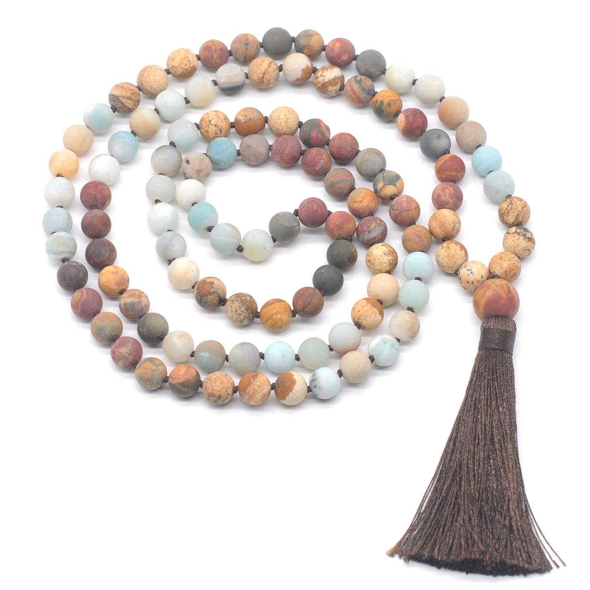 GMN368 Hand-Knotted Matte Colorful Amazonite & Mixed Jasper 108 Beads Mala Necklace