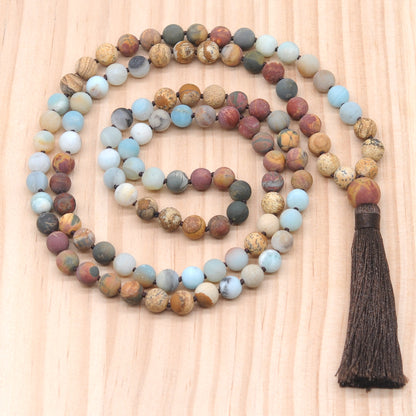 GMN368 Hand-Knotted Matte Colorful Amazonite & Mixed Jasper 108 Beads Mala Necklace