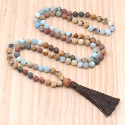 GMN368 Hand-Knotted Matte Colorful Amazonite & Mixed Jasper 108 Beads Mala Necklace