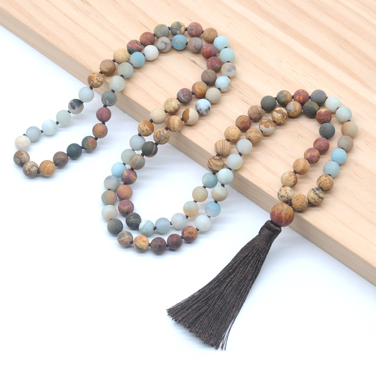 GMN368 Hand-Knotted Matte Colorful Amazonite & Mixed Jasper 108 Beads Mala Necklace