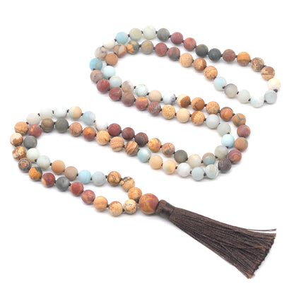 GMN368 Hand-Knotted Matte Colorful Amazonite & Mixed Jasper 108 Beads Mala Necklace