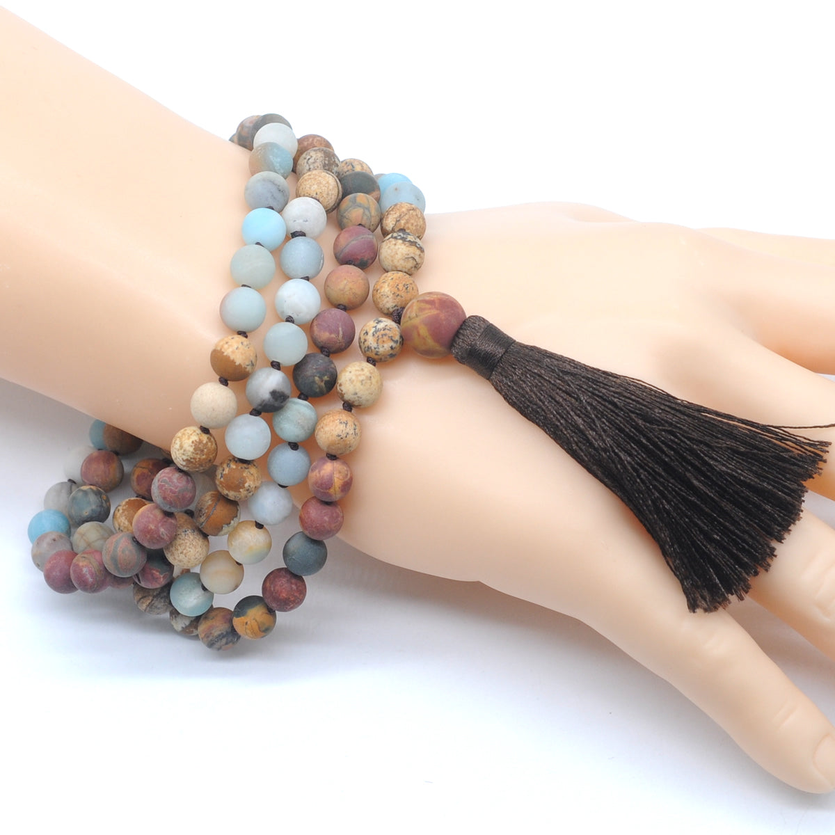 GMN368 Hand-Knotted Matte Colorful Amazonite & Mixed Jasper 108 Beads Mala Necklace