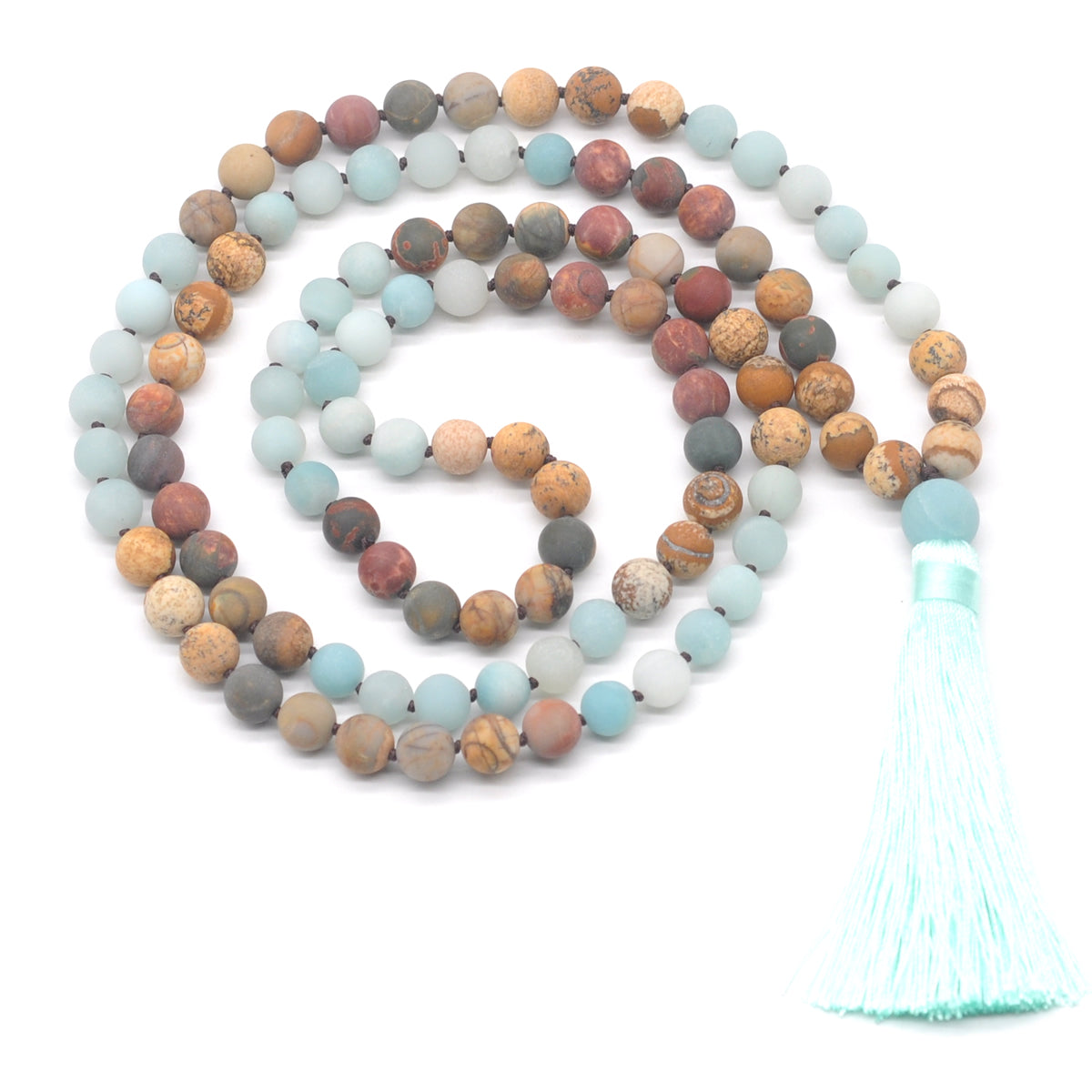 GMN369 Hand-Knotted Matte Amazonite & Mixed Jasper 108 Beads Mala Necklace