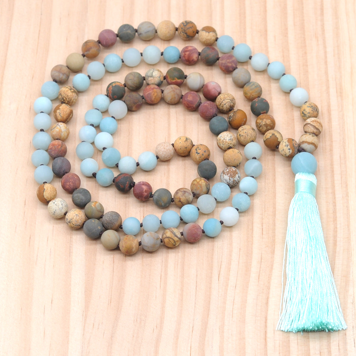 GMN369 Hand-Knotted Matte Amazonite & Mixed Jasper 108 Beads Mala Necklace