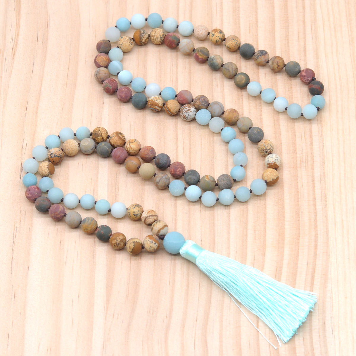 GMN369 Hand-Knotted Matte Amazonite & Mixed Jasper 108 Beads Mala Necklace