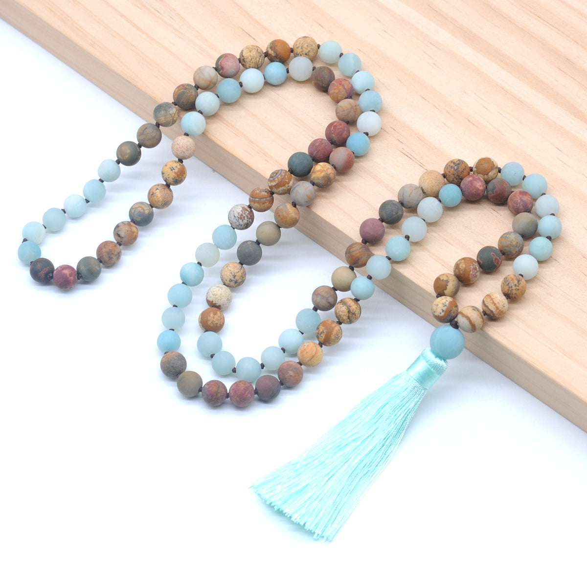 GMN369 Hand-Knotted Matte Amazonite & Mixed Jasper 108 Beads Mala Necklace