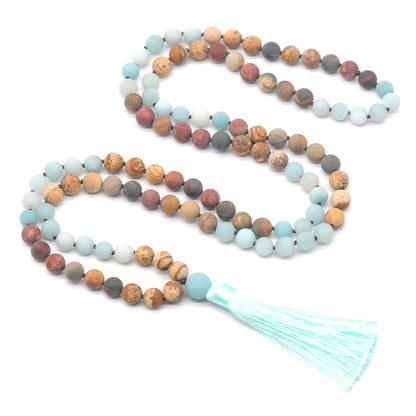 GMN369 Hand-Knotted Matte Amazonite & Mixed Jasper 108 Beads Mala Necklace