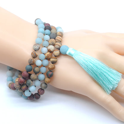 GMN369 Hand-Knotted Matte Amazonite & Mixed Jasper 108 Beads Mala Necklace