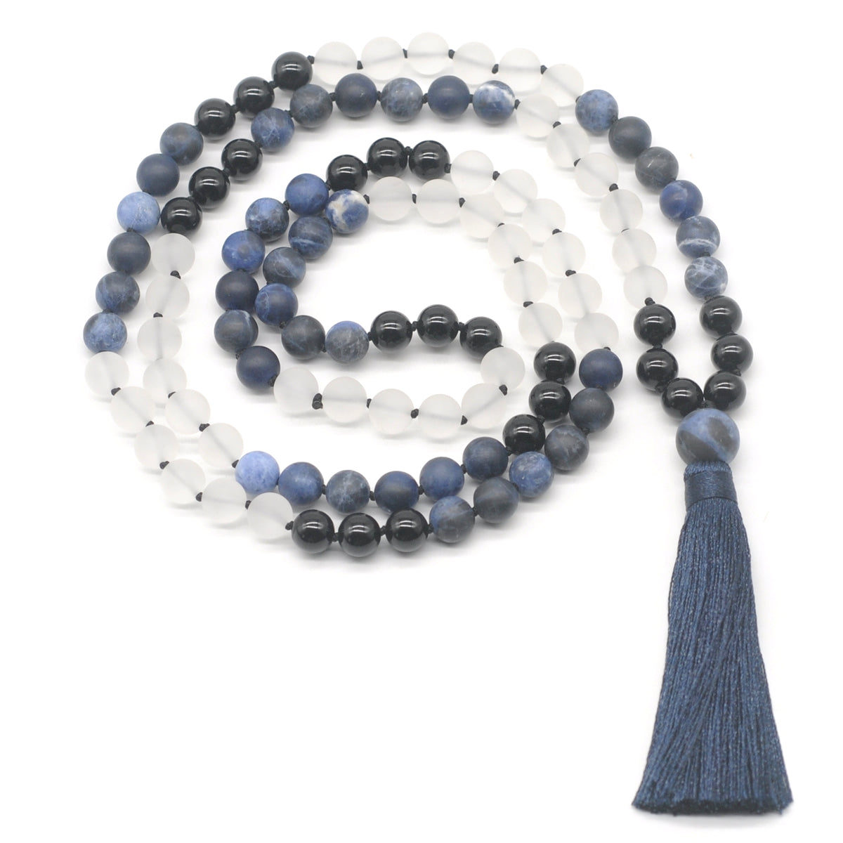 GMN370 Hand-Knotted Matte Sodalite, White Crystal & Black Agate 108 Beads Mala Necklace