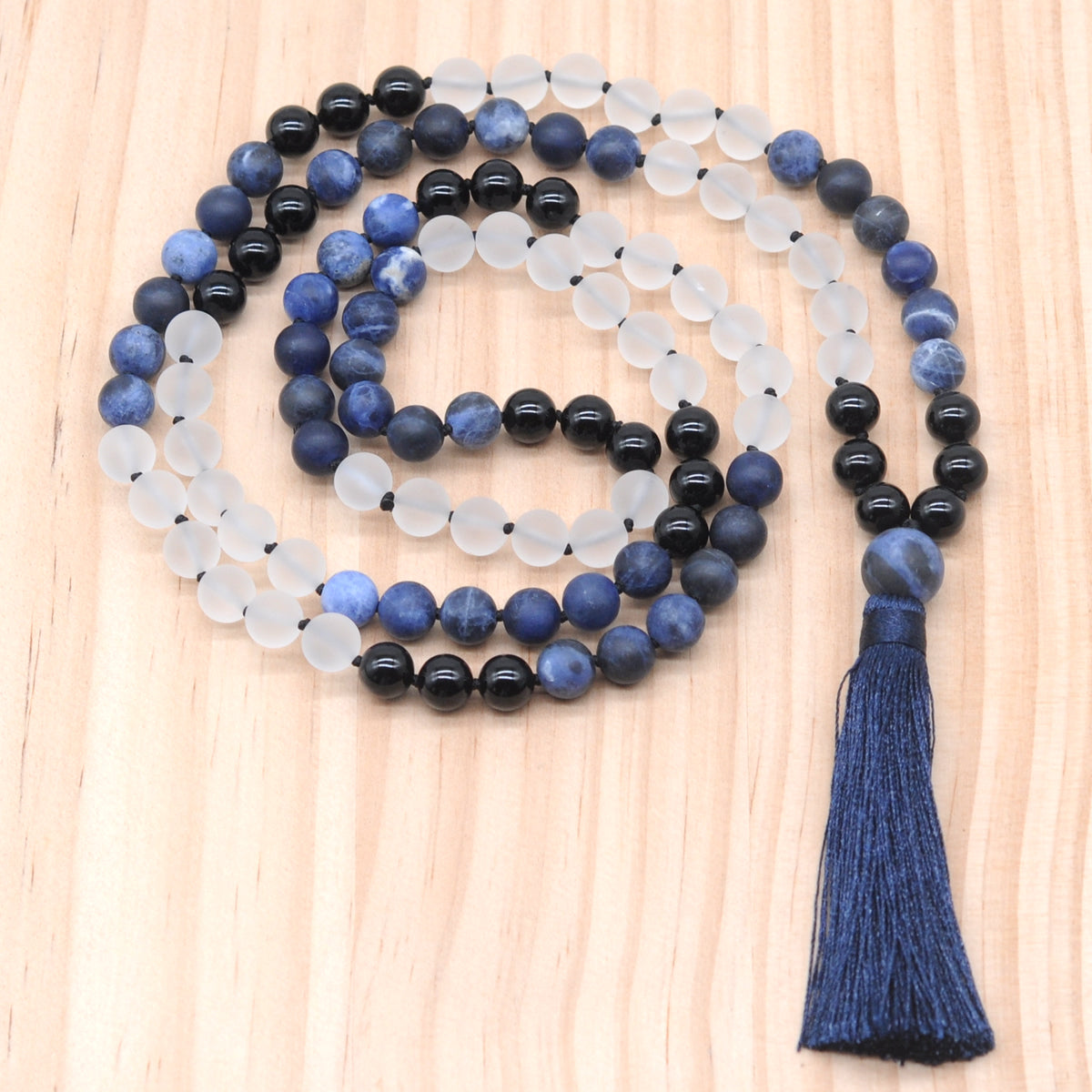 GMN370 Hand-Knotted Matte Sodalite, White Crystal & Black Agate 108 Beads Mala Necklace