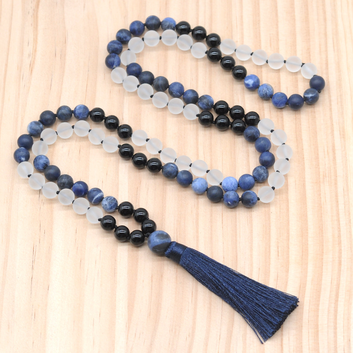 GMN370 Hand-Knotted Matte Sodalite, White Crystal & Black Agate 108 Beads Mala Necklace