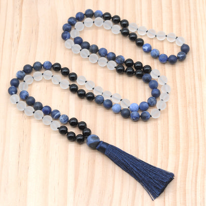 GMN370 Hand-Knotted Matte Sodalite, White Crystal & Black Agate 108 Beads Mala Necklace