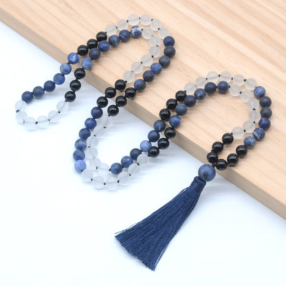 GMN370 Hand-Knotted Matte Sodalite, White Crystal & Black Agate 108 Beads Mala Necklace