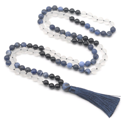 GMN370 Hand-Knotted Matte Sodalite, White Crystal & Black Agate 108 Beads Mala Necklace